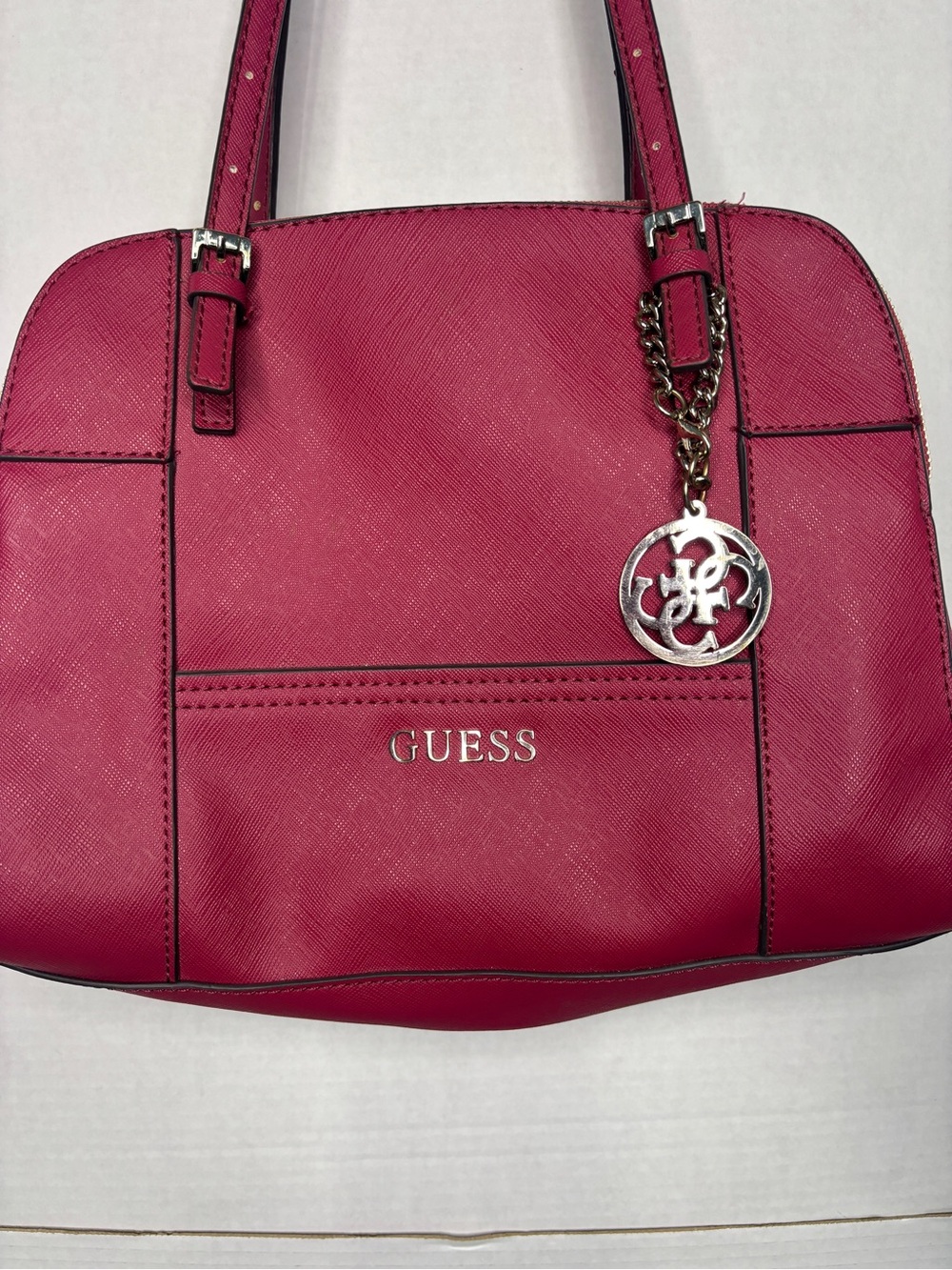 GUESS Fuchsia Satchel Shoulder Tote with Logo Charm 5 Compartments Bag Purse